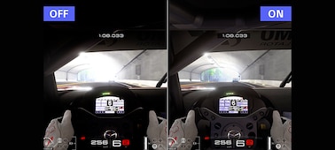 Split screen of car driving game showing optimised gaming with Auto HDR Tone Mapping