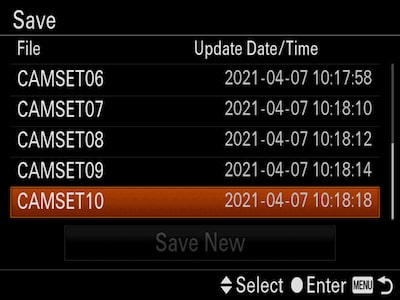 顯示「儲存」且游標停留在「CAMSET10」的相機選單