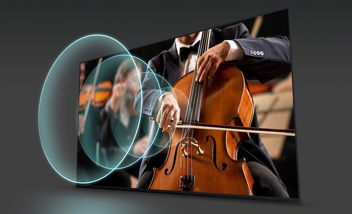 Musician in a concert playing the double bass with sound waves