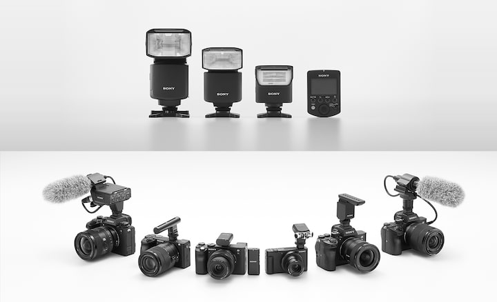 Image of Sony flashes
Image of microphones attached to cameras