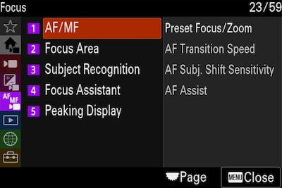 "Product image showing “Focus” camera menu
with “AF/MF” selected"