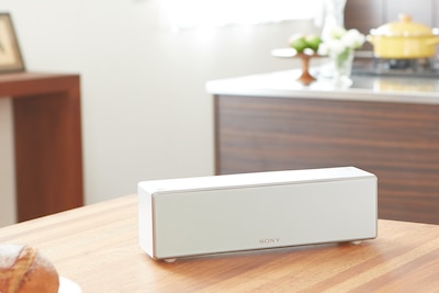 Sony wireless speaker on living room table